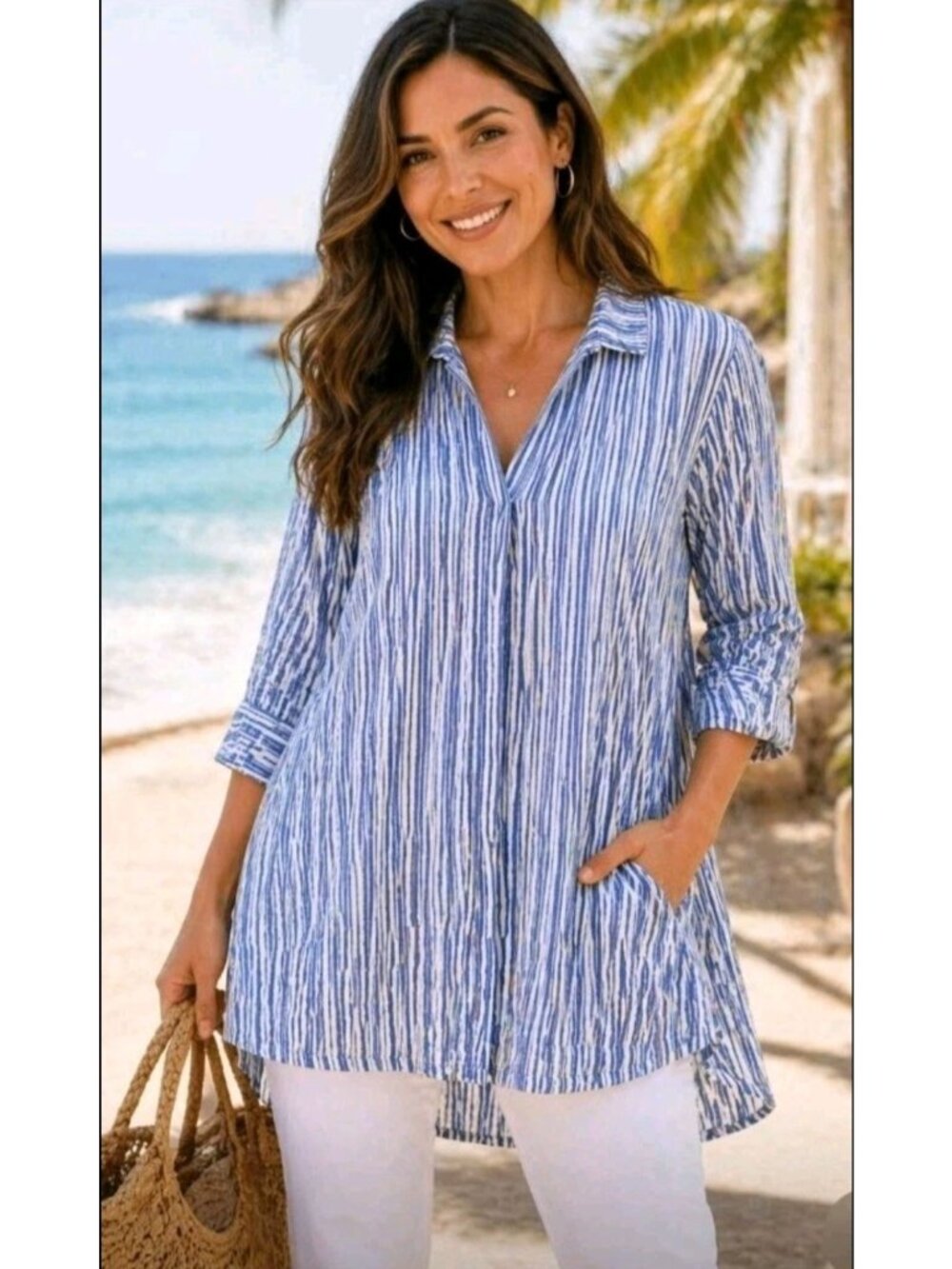 Foxcroft Womens Linen Coastal Beach Vacation Casual Striped Tunic Top Sz 6 Blue